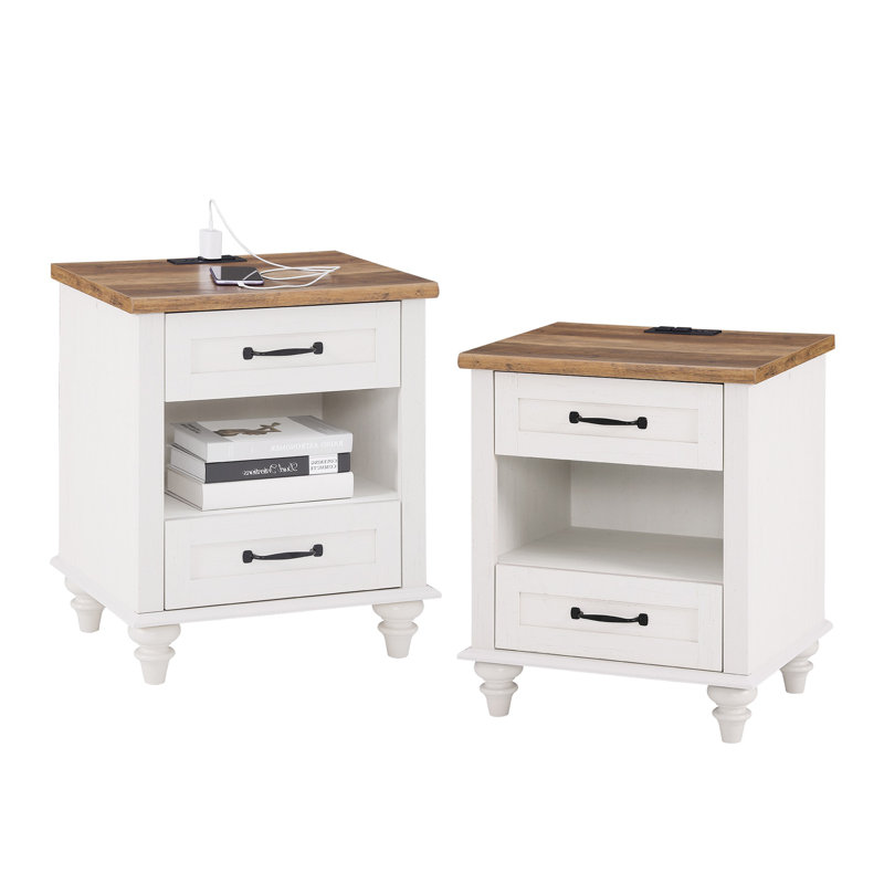 Table de chevet 2 tiroirs Scarlett, Blanc / Brun, Ensemble de 2