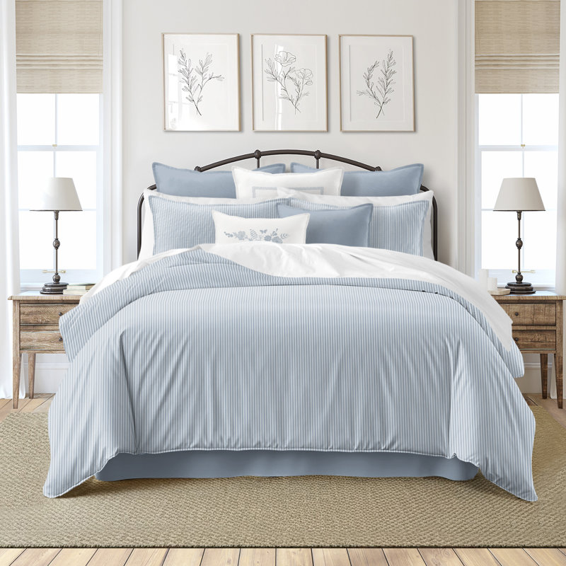 Ruben Stripe Reversible Cotton Duvet Cover Set, Cal.King Duvet Cover + 2 King Shams, Cornflower