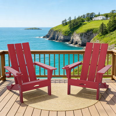 Maillet 2 Person Outdoor HDPE Folding Adirondack Chairs With Cell Phone Stand (Set Of 2)