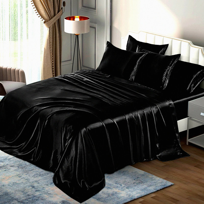 Silky Black Luxury Bedding Set - 6 Piece Extra Soft Sheets, Fitted Sheet, Flat Sheet, 4 Pillow Cases - King Size Comfort Bed Sheets