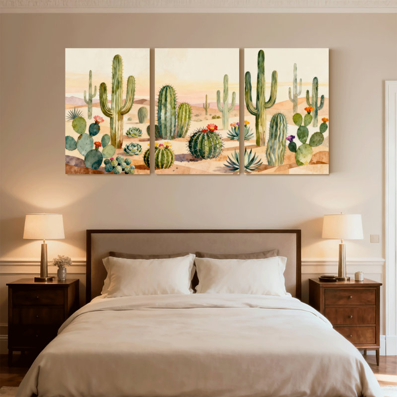 «Cactus Desert Cactus Landscape», ensemble de 3 reproductions d'art sur toile, H 24 po x l 48 po