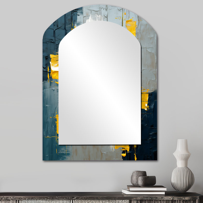 «Abstraction on Retro Blue», «Reproduction avec miroir», peinture abstraite, miroir unique asymétrique, 34 po x 25 po