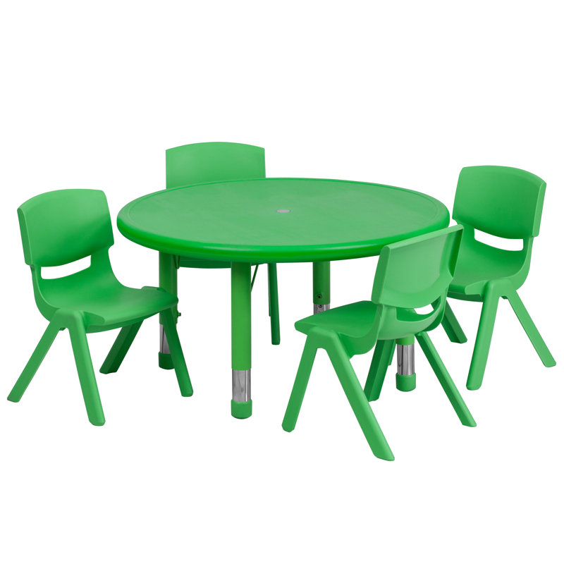 Ensemble de table d'activités ronde en plastique Goddard de 45 pouces, réglable en hauteur, avec 4 chaises, Vert