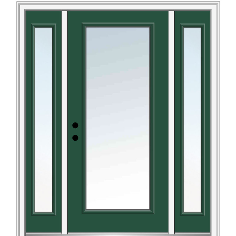 Porte d'entrée pré-suspendue en fibre de verre préfinie lisse, H 80 po x l 60 po x P 1,75 po, Vert forêt, Ouverture à droite