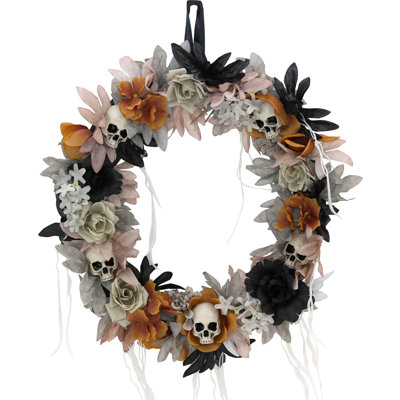 Poêle à bois de 22 po Haunted Hill Farm Couronne de crâne gothique avec fleurs multicolores, intérieur ou extérieur couvert