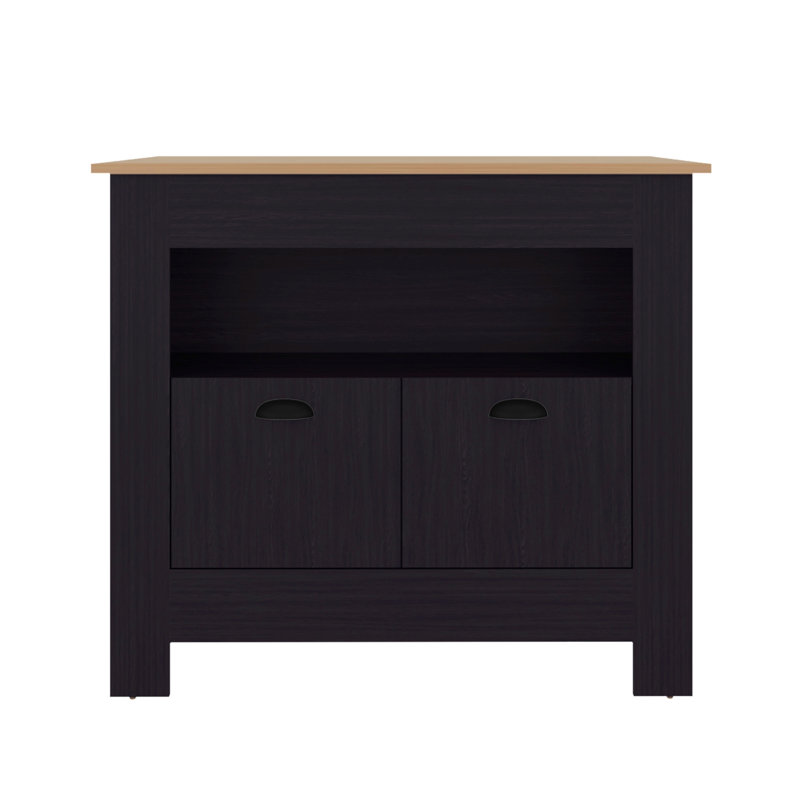 Îlot de cuisine Theba, 2 portes Whit, 3 tablettes, Noir