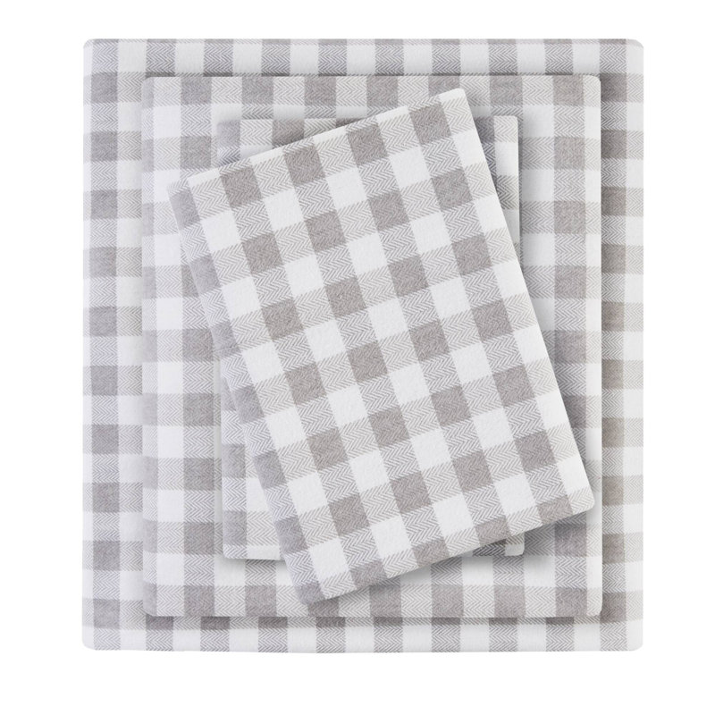 Cozy Flannel 100% Cotton Sheet Set, Full / Double Sheet Set with 2 Pillowcases, Gray Herringbone Check