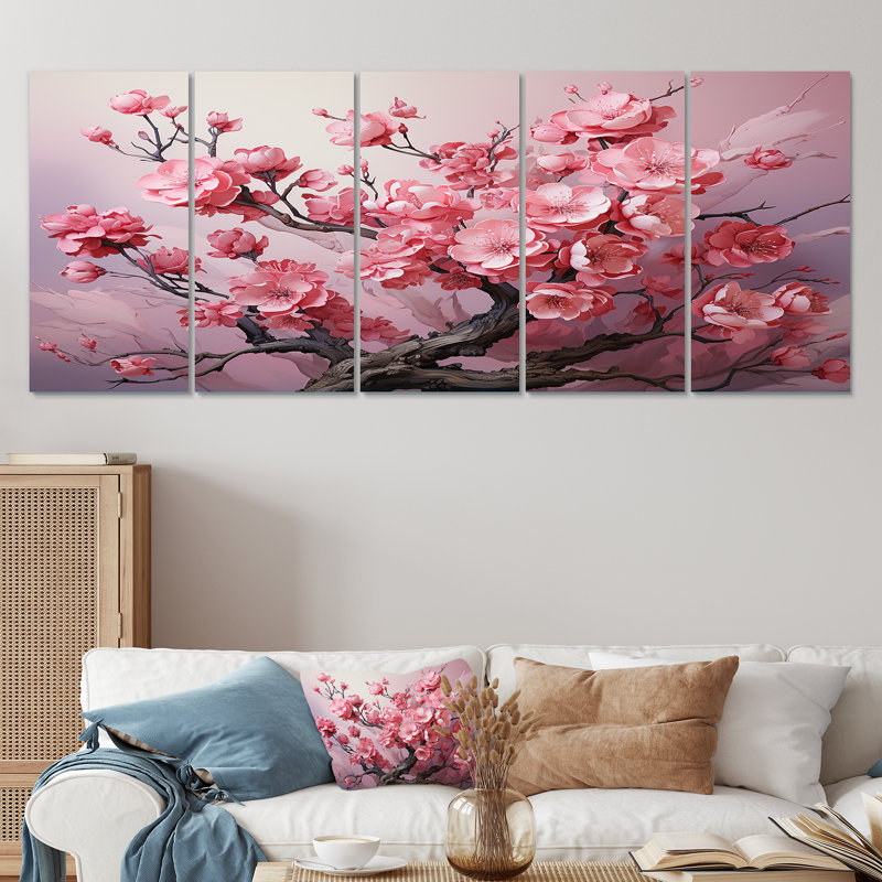 Cerisier rose Elegance In Bloom I - Arbre de cerisier en fleurs, art mural 5 pièces pour le salon, H 28 po x l 60 po