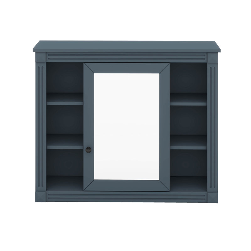 Armoire de rangement murale avec miroir, 6 tablettes ouvertes, Bleu
