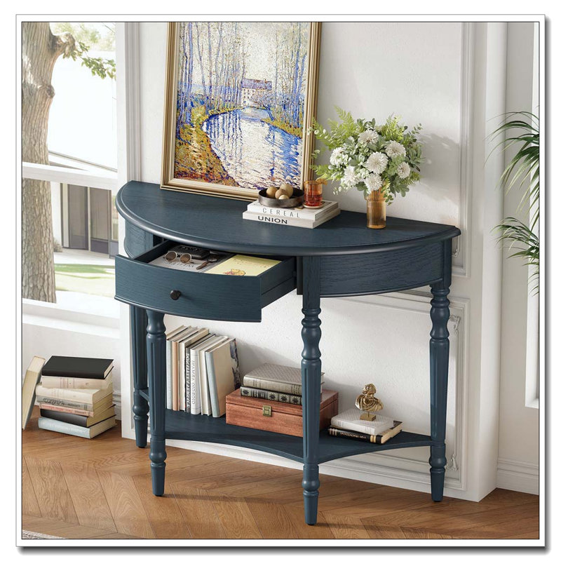 Console demi-lune avec tiroir et tablette, Marine