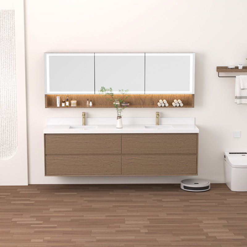Meuble-lavabo double 84 po avec comptoir en quartz blanc et lavabos, 84