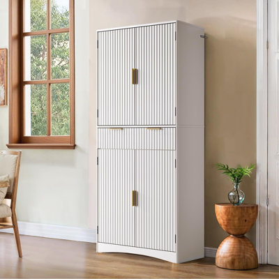 Fluted Pantry Cabinet, 72" Tall Storage Cabinet With Adjustable Shelves, 4 Doors And 1 Drawer, Anti-Tip Design,Modern Wood Storage Cabinet For Kitchen by Latitude Run