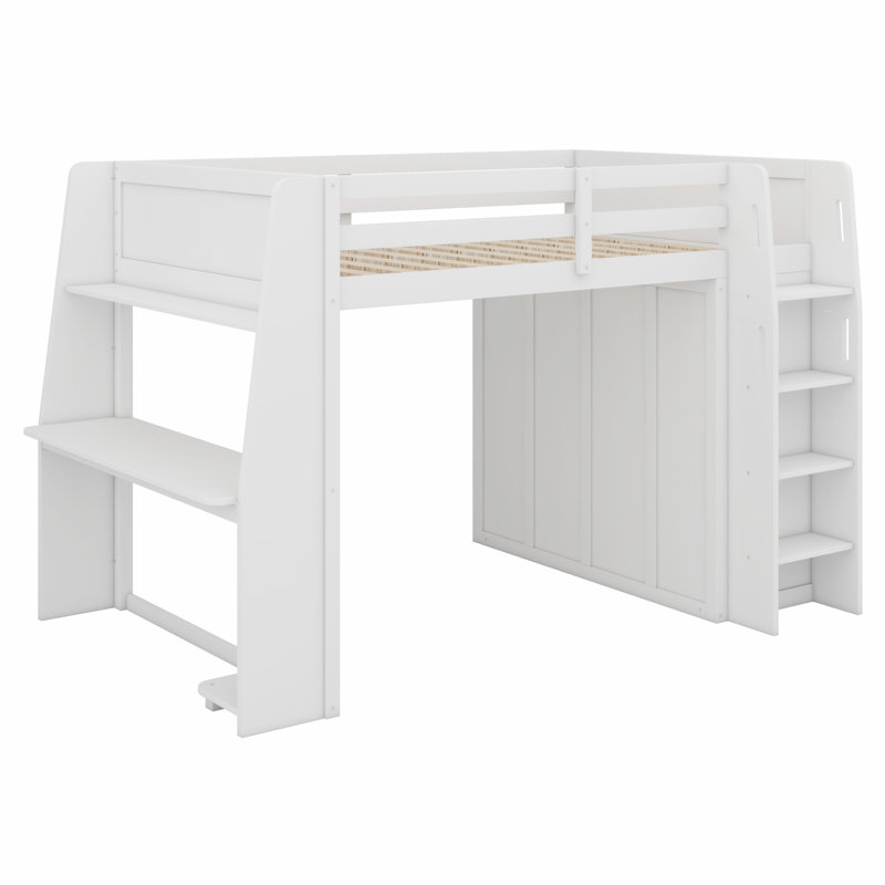 Lit mezzanine multifonctionnel, bureau d'écriture intégré, lumières DEL, tablettes de rangement, garde-robe à double porte