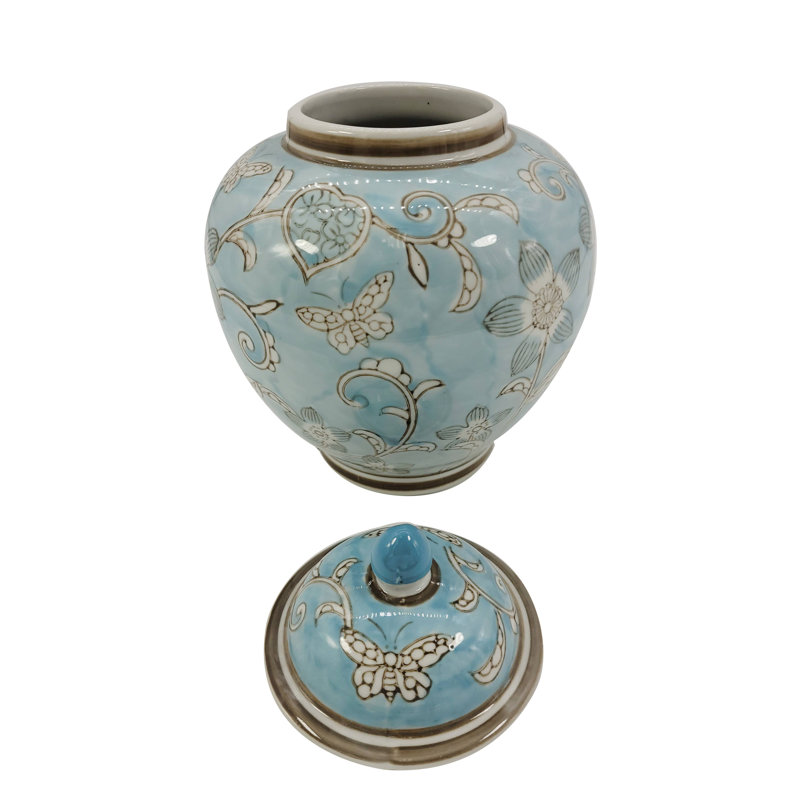 Light Blue & White Ceramic Chinoiserie Ginger Jar 10"