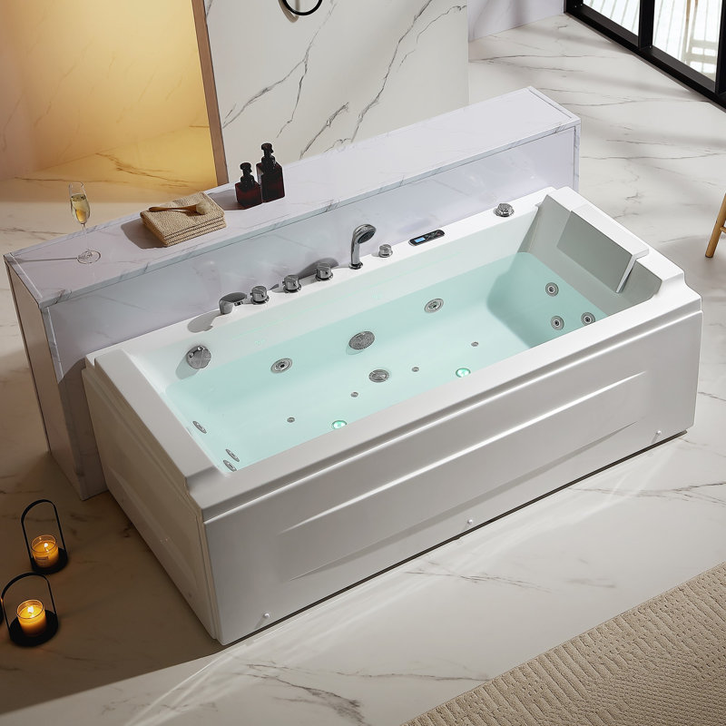 71 In. Alcove Whirlpool Air Combination Bathtub Rectangular Bath With Left Drain And Waterfall In White