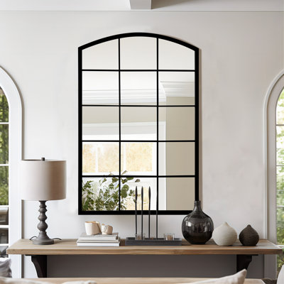 Modern Farmhouse 36" x 24" Black Metal Arched Windowpane Mirror