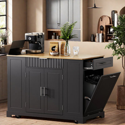Fluted Rolling Kitchen Island With Trash Can Storage Cabinet, Power Outlet, Internal Storage Rack, 3 Drawers, 3 Open Side Racks