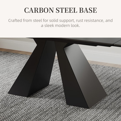 Table de salle à manger extensible en pierre frittée noire matte de 63 à 95 po pour 4 à 10 personnes avec pieds en acier noir