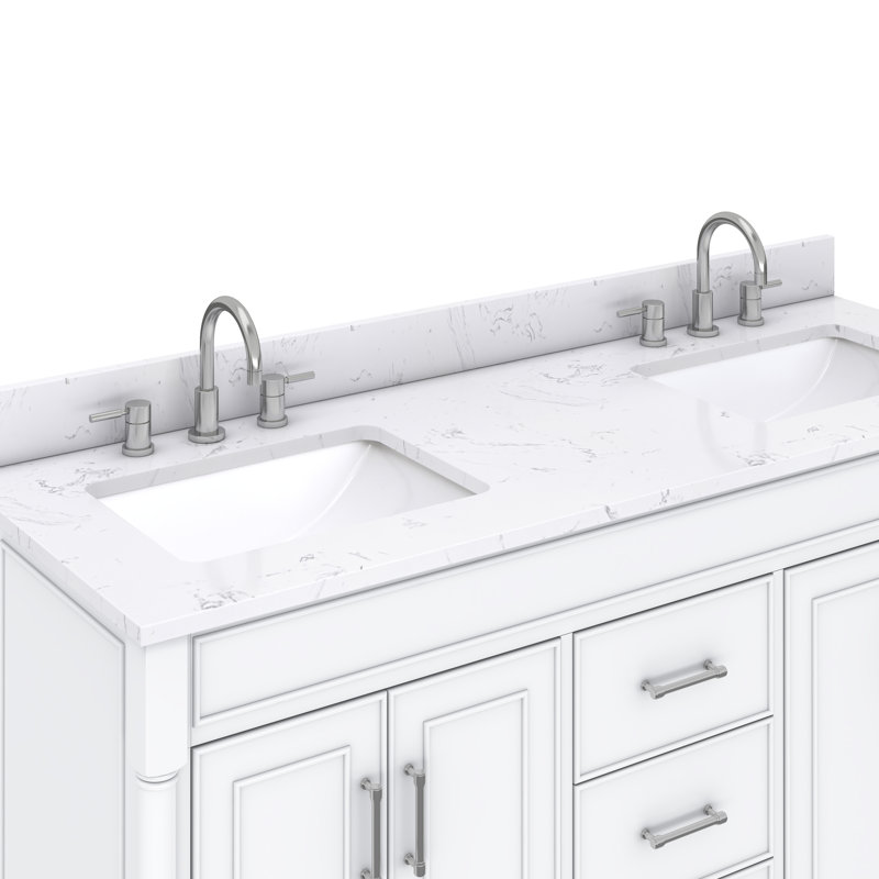 Meuble-lavabo double autoportant 61 po avec plateau en pierre reconstituée Guider, Blanc