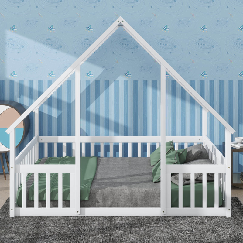 Full-Sized Wooden House-Designed Low Bed With Enclosure, White