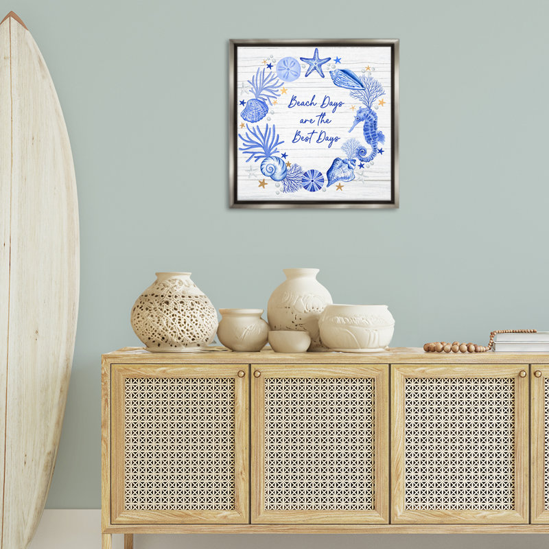 «Beach Days Best Wreath» par Sharon Lee, Cadre flottant gris lustré, H 25 po x l 25 po