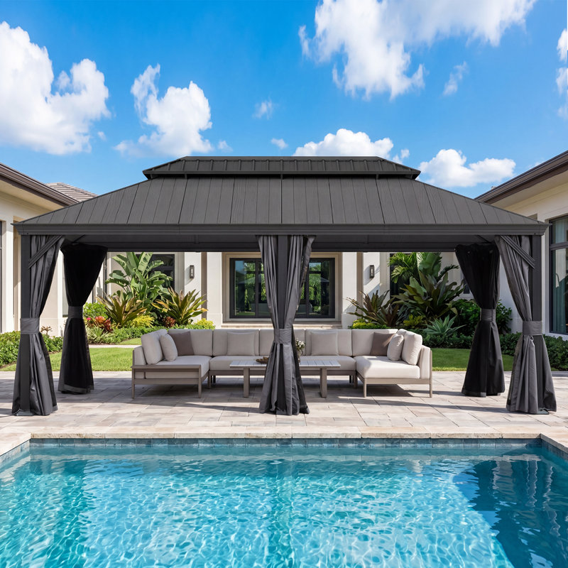 Outdoor Patio Metal Frame Gray Wood Grain Resin Roof Gazebo with Privacy Curtain Mosquito Netting, Gray