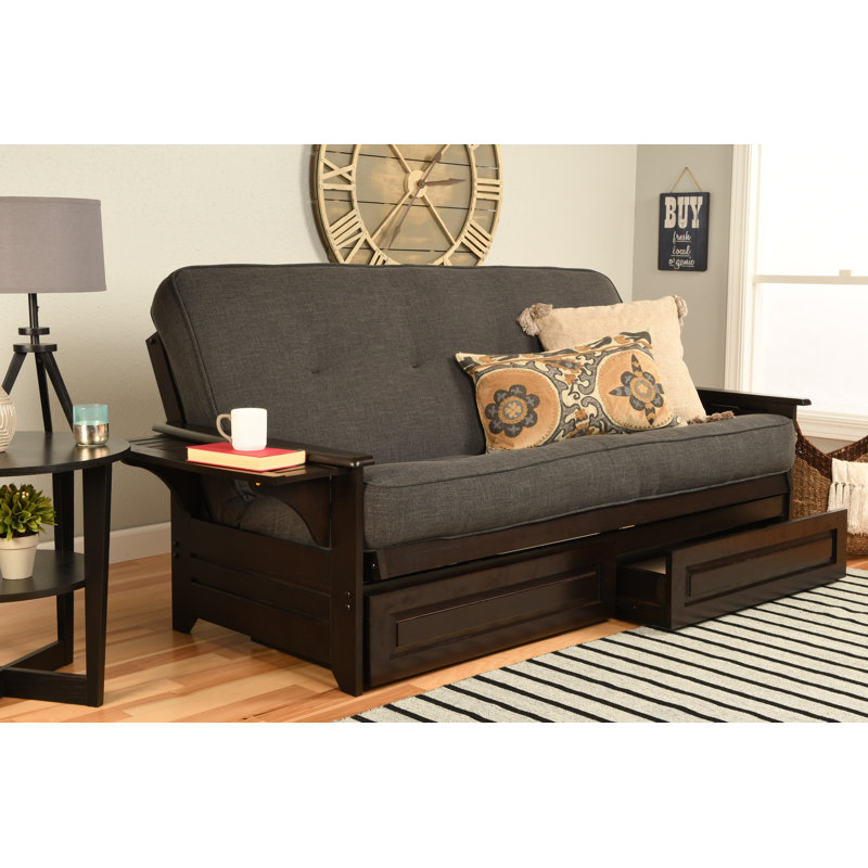 Johnte Full 80" Futon Frame and Mattress with Drawer set, Espresso, Linen Charcoal Microsuede, Innerspring