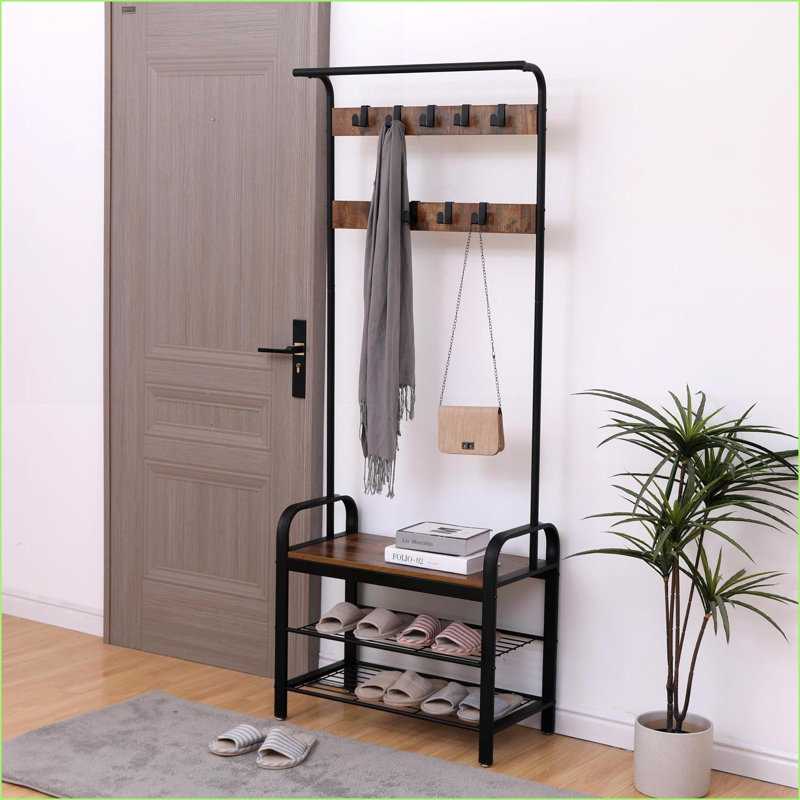 Portemanteaux, portemanteau brun rustique 4 en 1 avec banc à chaussures, 9 crochets et amp; Tige, 13,8 x 25,2 x 72,8 pouces | Brun | Bois aggloméré + métal