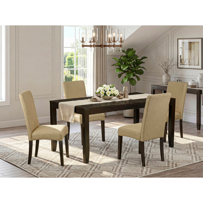 5 Piece Dining Table Set for 4 Includes a Rectangle Kitchen Table with Butterfly Leaf and 4 Brown Linen Fabric Upholstered Chairs, 36x66 Inch, Cappuccino