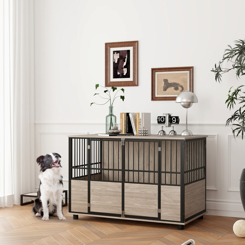 Porte-chien à usages multiples - noyer 46 po l, portes doubles, intérieur décoratif pour les chiens jusqu'à 88 lb
