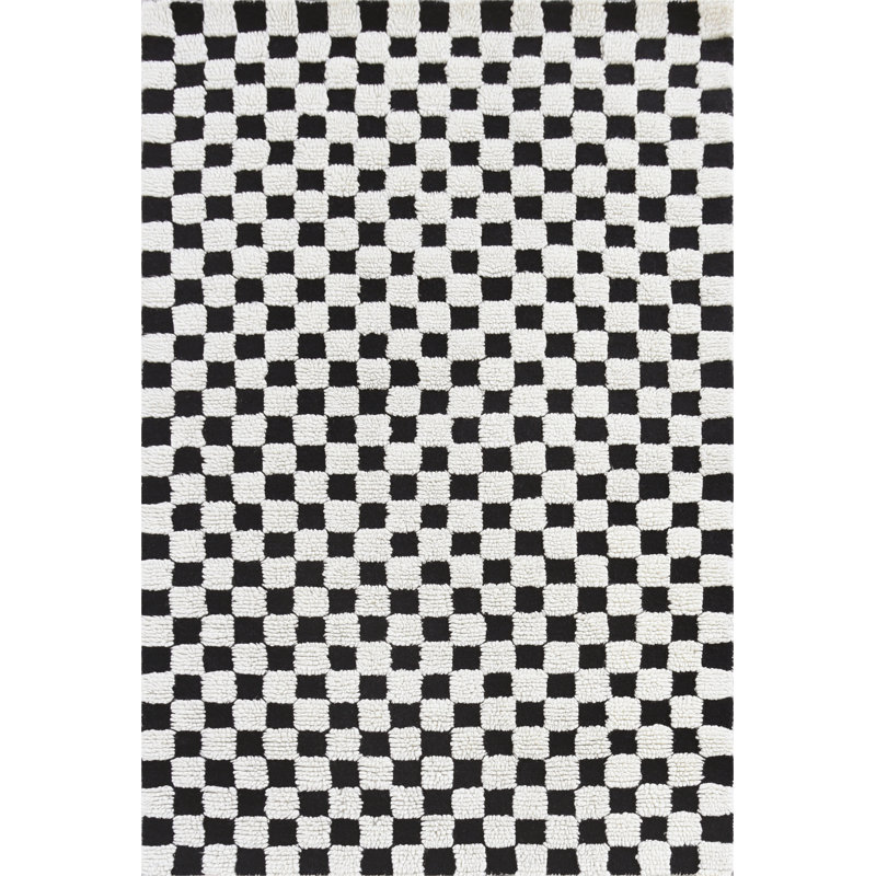Handmade Black and White Wool Tufted Checkerboard Rug, 5' x 8'