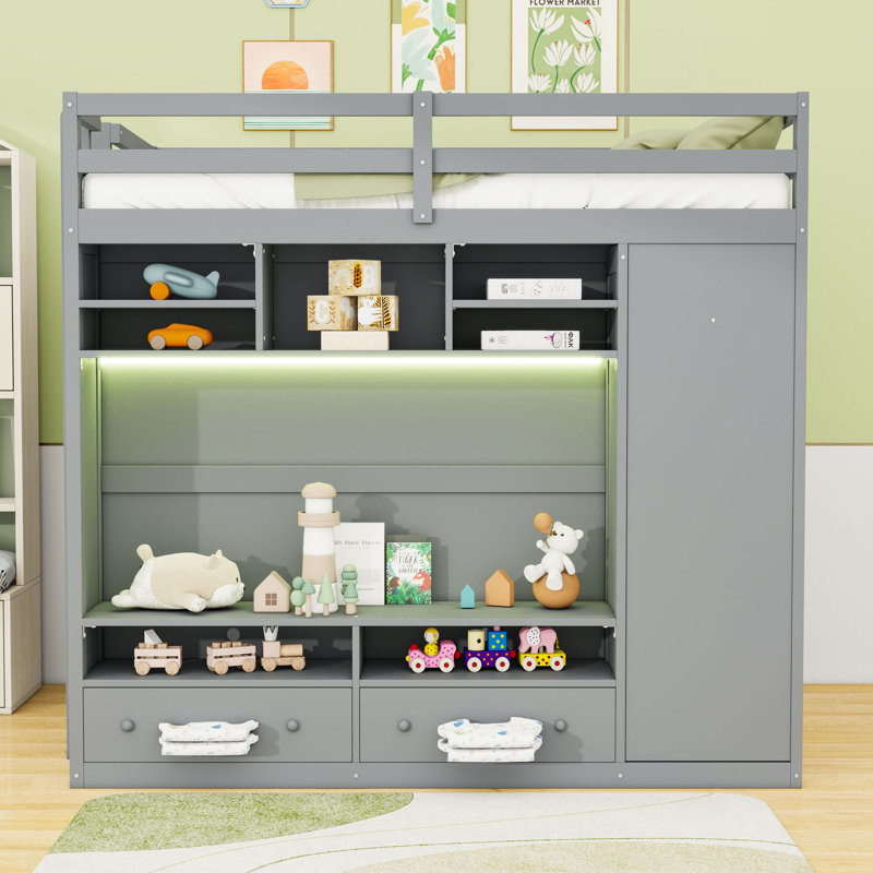 Lit mezzanine double en bois avec tiroirs de rangement, tablettes, garde-robe et lumière DEL, gris