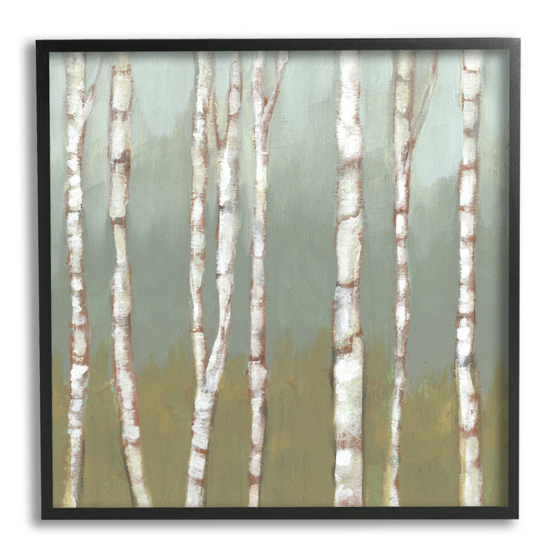 «Contemporary Birch Tree Forest», rayé, écorce blanche, peinture surdimensionnée encadrée noire, art texturé par Jennifer Goldberger