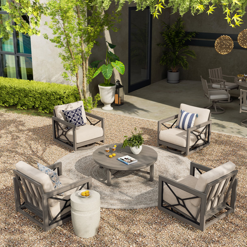 Marindo Patio Aluminum 4-Piece Conversation Set With Swivel Club Chairs, Sunbrella Cushions & Round Coffee Table For Outdoor Garden, Deck, Backyard