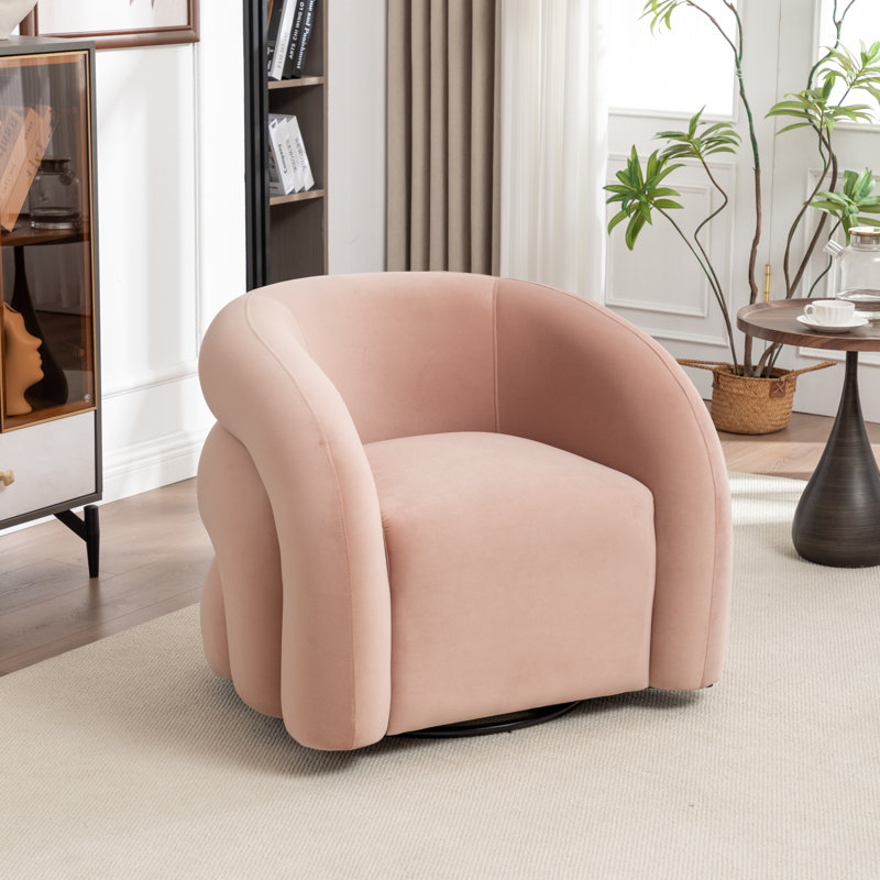 Fauteuil demi-tonneau pivotant rembourré Coyle, Velours rose, 1