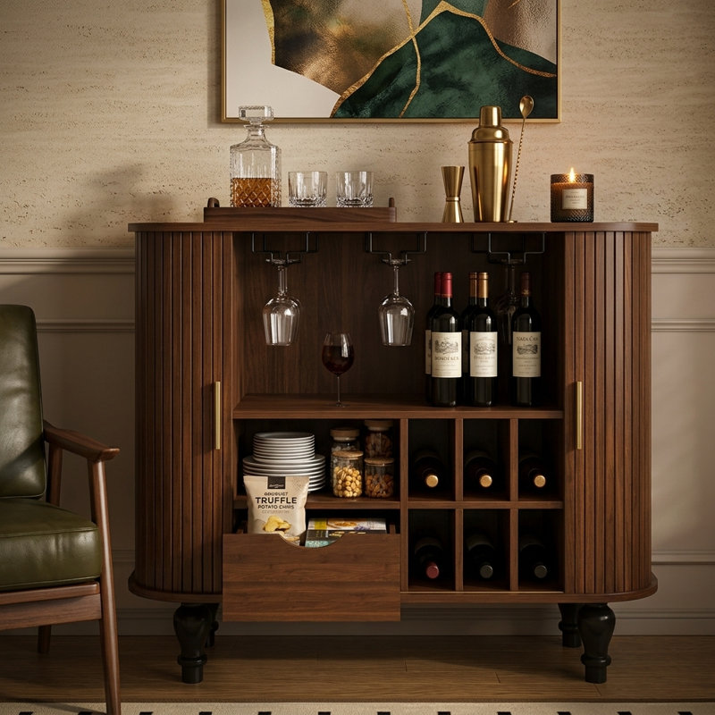 39" Modern Fluted Bar Cabinet with Storage Drawer & Hidden Side Compartments, Walnut