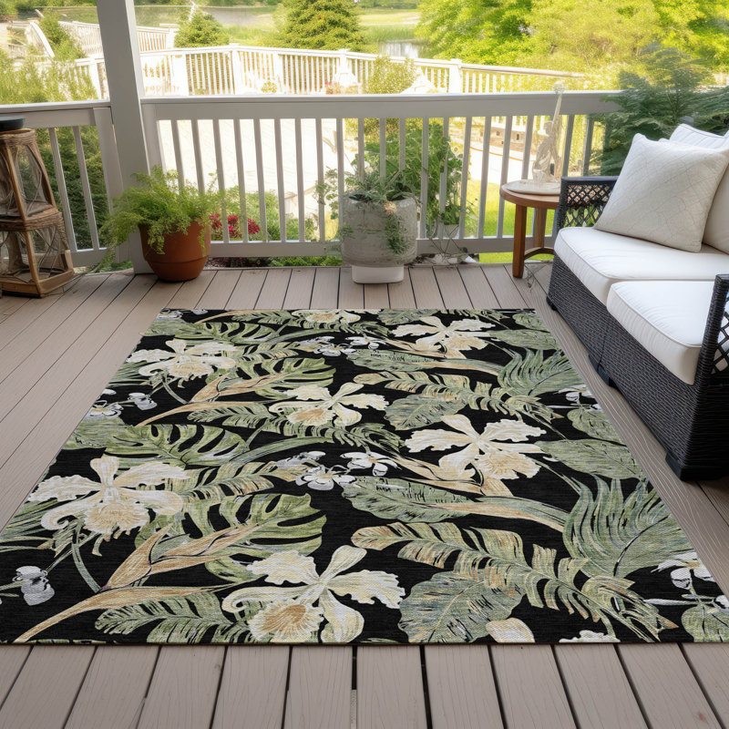 Addison 3' x 5' Black Synthetic Floral Washable Rug