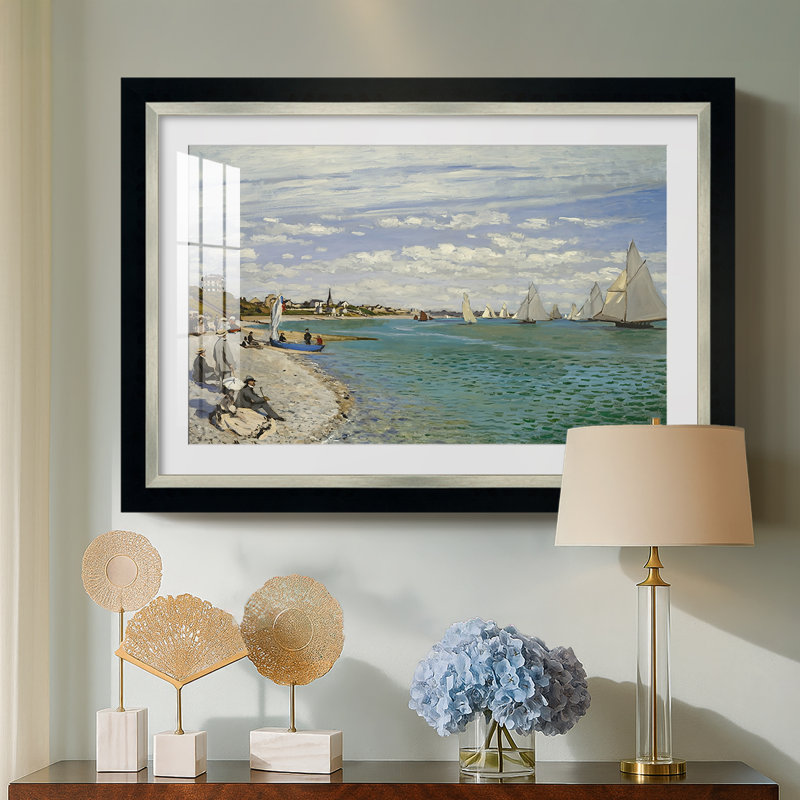 Regatta at Sainte-Adresse, 1867-Claude Monet-Custom Framed Canvas, 31X45, Yes, Tuxedo Silver Edge (or Two-Tone Matte Silver