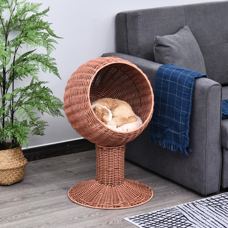 Maison tissée en gazon naturel avec panier rotatif et coussin épais, panier de lit surélevé brun, herbe,