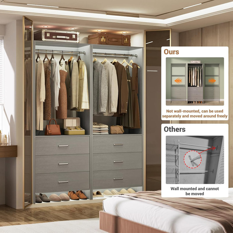 4ft Closet System with Wooden Drawers, Gray