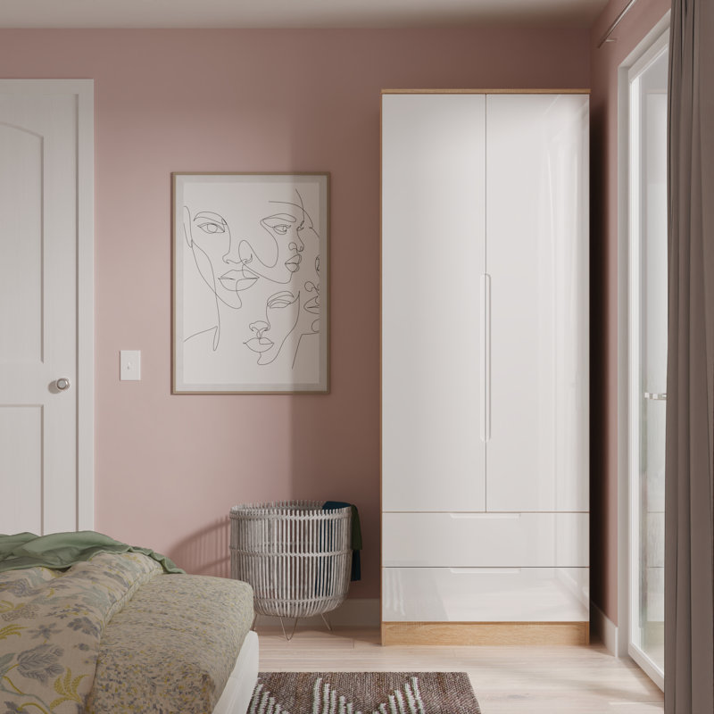 Fully Assembled 2 Door Wardrobe, 197cm H x 74cm W x 53cm D, White/Oak