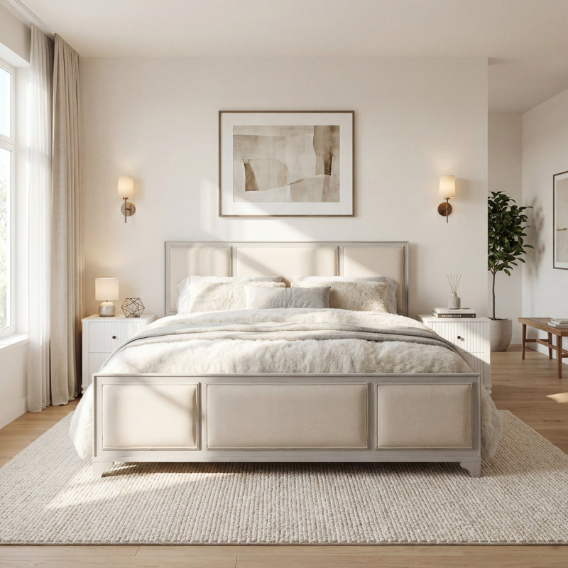 Base de lit plateforme en bois avec tête de lit tapissier Tatum, Beige et blanc, Très grand lit
