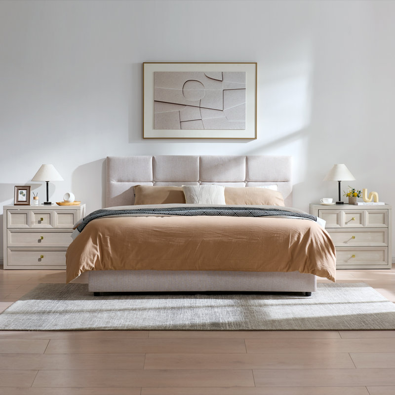 Mid-Century 3D design 31'' W 3-Drawers Nightstands Set of 2, Beige