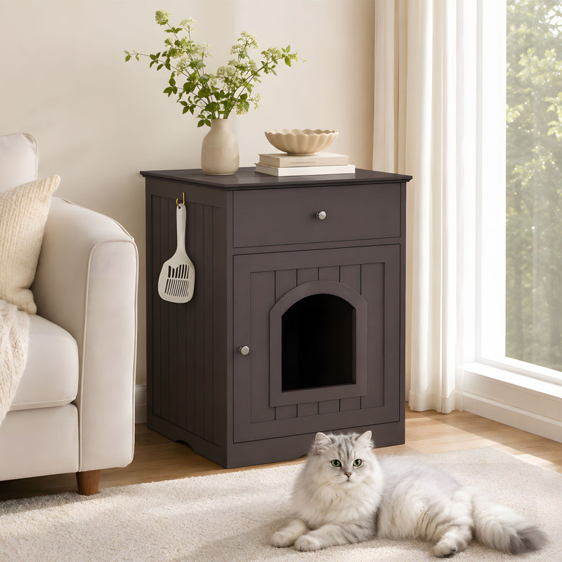 Meuble dissimulant un bac à litière pour chat avec tiroir de rangement et crochet latéral pour pelle, meuble à litière caché, table d'appoint/table de chevet multifonction pour chats d'intérieur