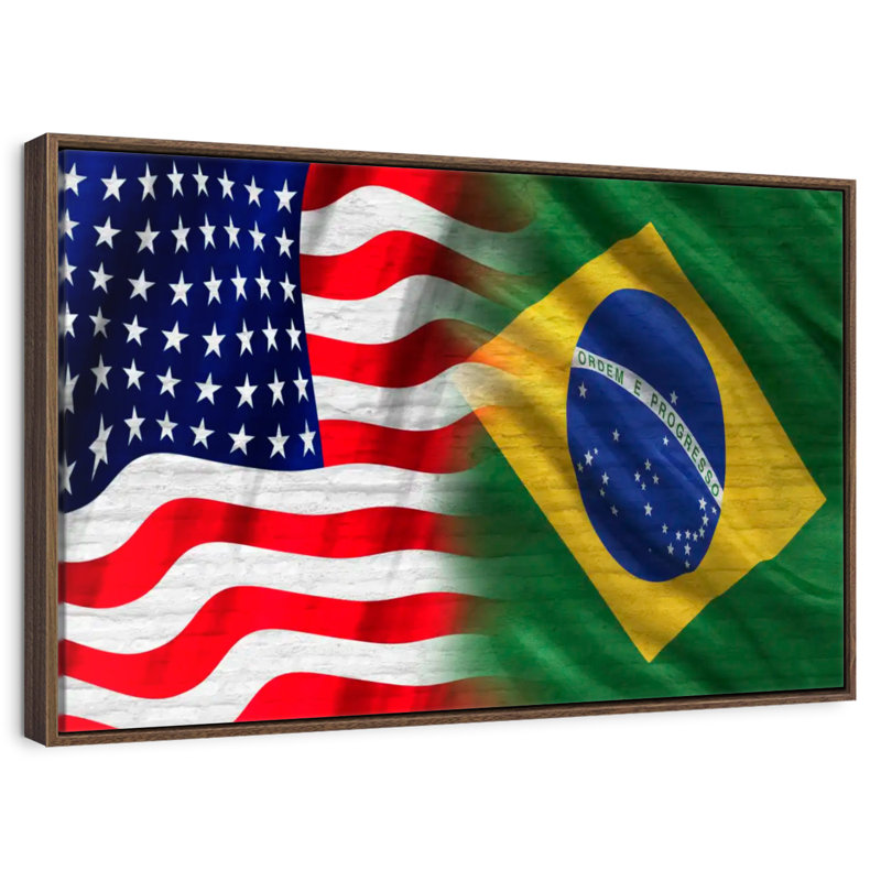Drapeau des États-Unis et du Brésil, Cadre flottant en noyer, 43 po x 29 po