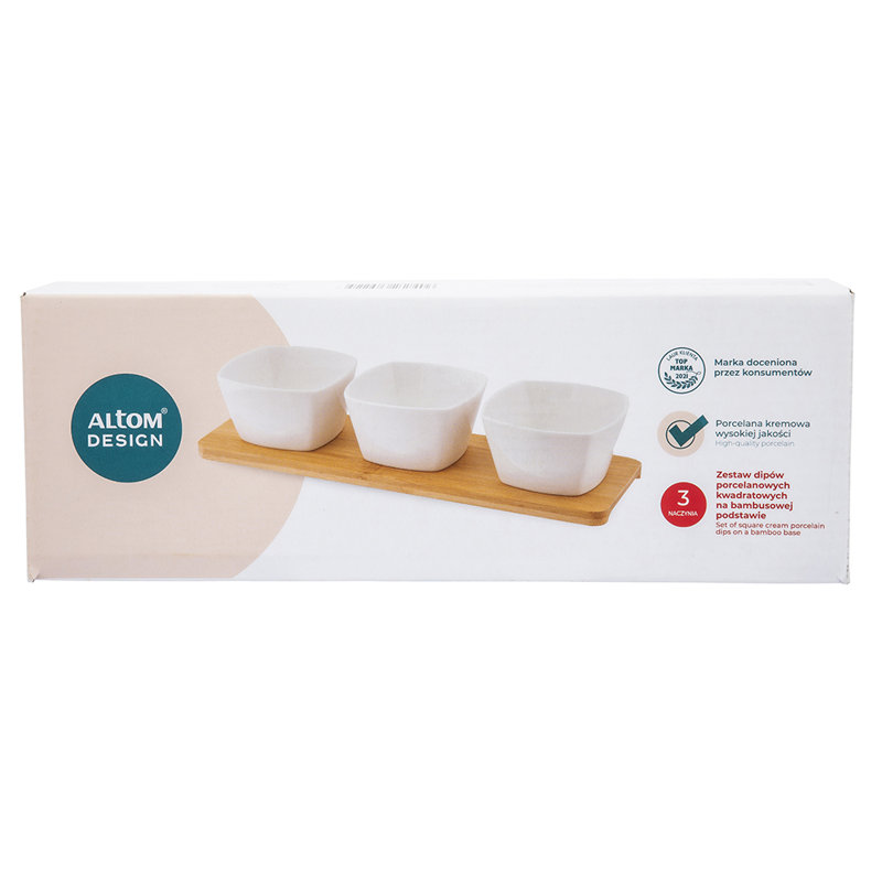 Regular Set Of 3 Square Dips Made Of Porcelain 150 Ml On A Bamboo Base 28x8.5cm