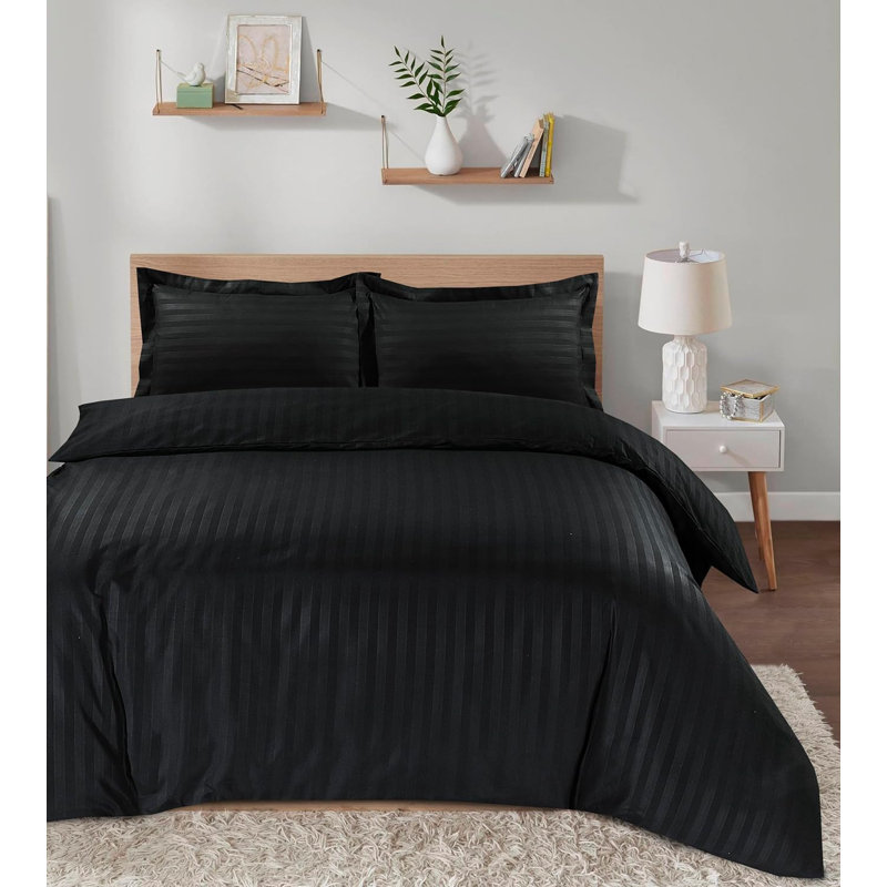 Neacsu Microfiber Striped Duvet Cover Set with Pillowcases, Black, Double Duvet Cover + 2 Standard Pillowcases
