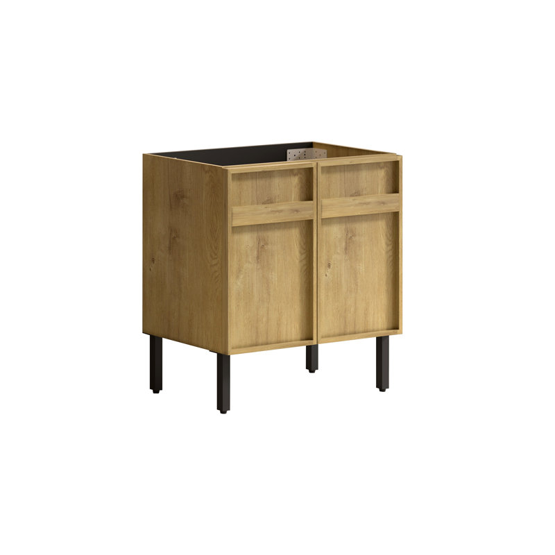 meuble-lavabo sur pied avec panneau rainuré 3D et lavabo en céramique intégré, Oak