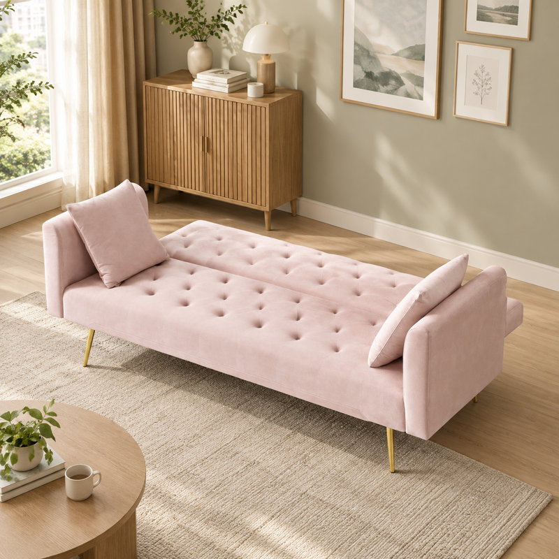 Canapé convertible en velours rose, design rétro 71,03 pouces pour petit salon, chambre à coucher, bureau