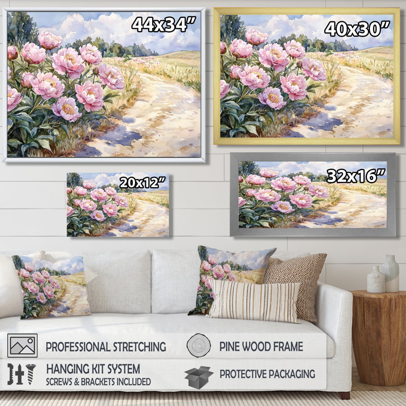 Pe pivoines le long de la ferme, entrée I - pivoines, reproduction sur toile encadrée, H 30 po x l 40 po, Blanc